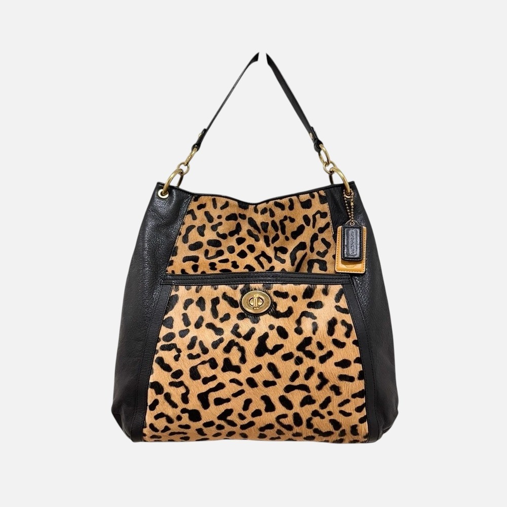 Coach Park Large Leopard Haircalf Hobo Shoulder Bag Black Leather F24662